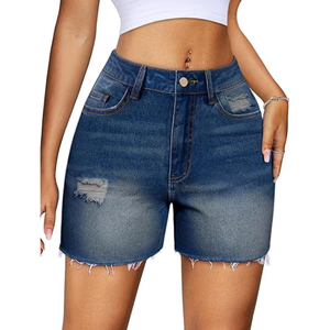 Women's <b>Stretch</b> <b>Denim</b> Shorts High Waist Raw Hem Long Cutoff Mom Fit Jorts Manufactured in Bangladesh - Product Image 3