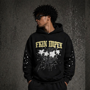 Sweat à capuche intégral Ekin Streetwear Y2K surdimensionné pour homme en coton avec impression personnalisée en relief et broderie toile d'araignée en strass - Product Image 4