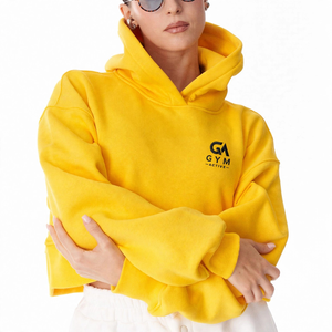Sudadera con capucha para mujer GYM ACTIVE, amarilla, de manga larga, color sólido, informal, de forro polar, con logo frontal, estilo crop top. - Product Image 3
