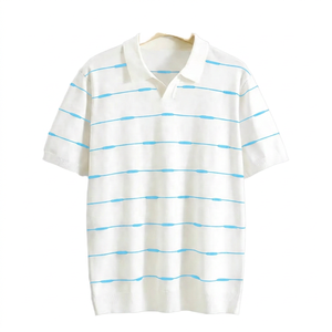 Polo en tricot rayé pour homme, manches courtes, décontracté, blanc avec des lignes vertes et dorées, coupe classique - Product Image 2