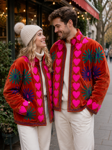 <b>Velvet</b> Bomber <b>Jacket</b> With Pink Heart And Floral Hand Embroidery For <b>Men</b> Women Winter Outerwear - Product Image 1
