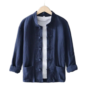 Camisa de Hombre Casual de Manga Larga, Tejido de Lino y Algodón, Cuello Mao, Corte Holgado, Transpirable, para Primavera - Product Image 1