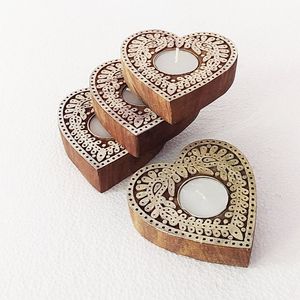 Heart Shape Wooden <b>Tea</b> Light Holder With Embossed Pattern Handmade Home Decoration Valentine's Day Gift - Product Image 1