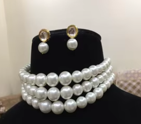 Beautiful Real <b>Shell</b> Pearl Three Layer <b>Choker</b> Necklace Set With Earrings Designed Set for Women Girl for Wedding Engagement Wear - Product Image 2