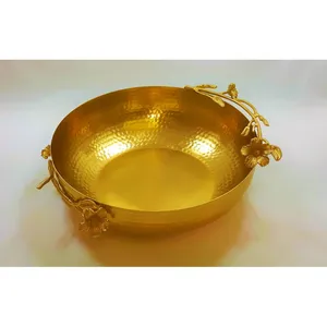 Handmade Metal Serving Bowl Round Floral Design Traditional Chinese Style Polished Gold Finish - Product Image 1