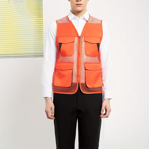Gilet utilitaire tendance multi-poches avec fermeture éclair, sans manches, en maille, couleur orange, pour la pêche, la photographie, les activités de plein air pour hommes - Product Image 3