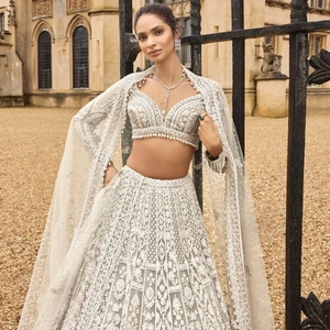 Designer Traditional White Georgette <b>Lehenga</b> Choli Sequin Embroidered Dupatta <b>Women</b> Summer Winter Wedding Party Diwali Quick Dry - Product Image 3