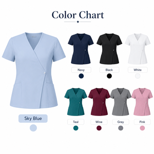 Women's Breathable Cotton Scrub <b>Top</b> With Pockets V-Neck Short Sleeve Uniform For Salon Spa - Product Image 5