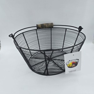 Grand panier à fruits en fil métallique noir avec poignée en bois, organisateur de rangement pour comptoir de cuisine, bol à fruits décoratif, décoration intérieure - Product Image 1