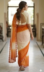 KV Women's Embellished Reversible Wrinkle-Free Autumn Bollywood Georgette <b>Saree</b> with Unstitched Blouse (<b>Orange</b> White) - Product Image 2