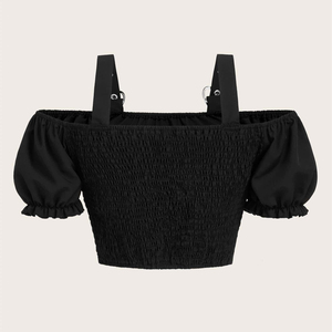Blouse noire gothique pour femme, style punk, coupe courte, épaules dénudées, sans manches, avec bretelles à boucle cœur, en maille respirante pour l'été - Product Image 2