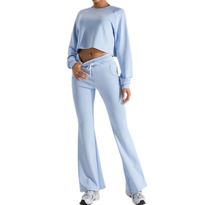 Brown Two Piece Sweatshirt Set for Women <b>Crop</b> Top Pullover and Flare Leg Pants Casual Soft Lounge Outfit for Daily Wear - Product Image 6