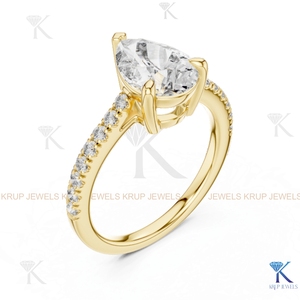 Lab Grown Diamond Pear Cut Engagement Ring Pave Band 3 Prong Setting Yellow Gold IGI Certified Unisex Bridal Jewelry Anniversary - Product Image 5
