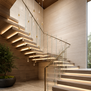 Rampe d'escalier moderne en verre avec main courante élégante en laiton pour les intérieurs de villas, hôtels et maisons de luxe, dotée de panneaux en verre trempé transparent. - Product Image 3