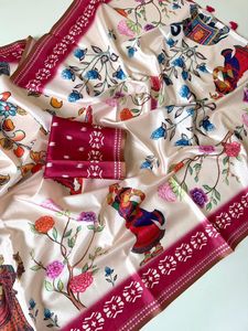 Soft <b>Silk</b> <b>Fabric</b> With Arrow Weaving Border And Beautiful Kalamkari Digital Print And Contrast Running Blouse - Product Image 3