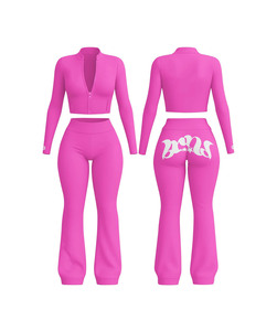 Top corto elástico de lujo de mezcla de algodón de 340 GSM y leggings acampanados de tela suave y lisa color marrón tierra con logo estampado personalizado para mujer. - Product Image 6