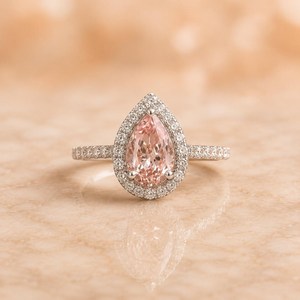New Design 10K Solid Gold 1.5 CT Pear Cut Light Pink Diamond Halo Ring, Tear Drop Design Engagement Ring For Women, Om Gems - Product Image 1