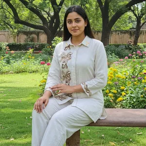 Women's <b>White</b> Embroidered Cotton Linen Co Ord <b>Set</b> Shirt Collar Three Quarter Sleeve Straight Pants Regular Fit Elegant Outfit - Product Image 3