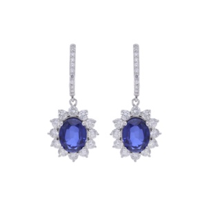 Pendientes de Aro de Lujo para Mujer con Diamantes Naturales de 1.88ctw y Gema Azul, Chapados en Oro de 14K y Rodio, Diseño Colgante para Compromiso y Boda - Product Image 1