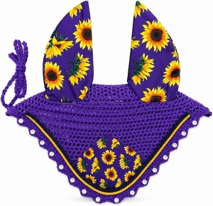 Horse Ear Bonnet for Horses Sunflower Print Fly Bonnet with Crystal Edge Handmade Crochet Fly Veil, Breathable Stretch Ears - Product Image 3