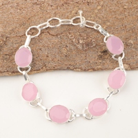 Bracelets en laiton plaqué argent sterling 925 avec pierre précieuse naturelle de calcédoine rose taille ovale, sertie à la main, design chaîne
