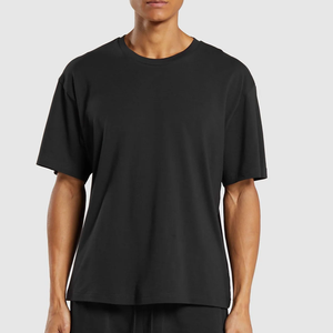 T-shirt à manches courtes pour homme, col rond, noir, coupe ample, couleur unie, style jersey décontracté, 100% coton respirant - Product Image 1
