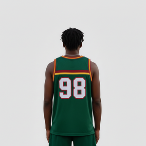 Maillot de basket-ball personnalisé sublimé pour homme, sans manches, rayures vertes, rouges et jaunes, numéro 98, maille respirante, coupe régulière, adulte - Product Image 4