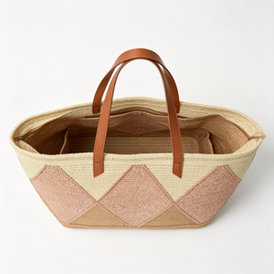 Customized Diamond patchwork woven tote <b>bag</b>, neutral‑pink geometric straw shopper,multi‑tone woven <b>basket</b> tote with faux‑leather - Product Image 2