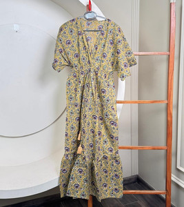 Maxi vestido de algodón con estampado de mezcla Floral 2025 para mujer, vestido largo étnico de manga acampanada con cordón en la cintura, traje de playa de verano - Product Image 3