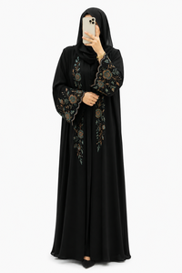 Abaya noire brodée pour femmes musulmanes, robe longue, hijab, robe florale perlée, tenue pour événements à la mosquée - Product Image 1