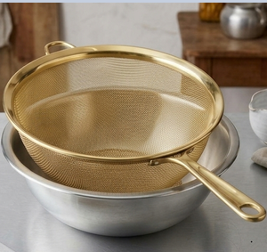 Colador de malla fina dorada de acero inoxidable con mango largo, utensilios de cocina - Product Image 1
