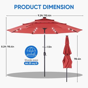Ombrellone da Esterno Rosso da 3,05 m a 3 Livelli con LED Solari, Inclinabile e Resistente ai Raggi UV in Poliestere - Product Image 2