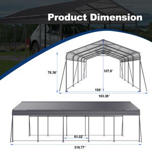Abri de voiture métallique robuste 13 x 26,5 pieds avec toit en acier galvanisé, structure de garage, couverture résistante aux intempéries - Product Image 3