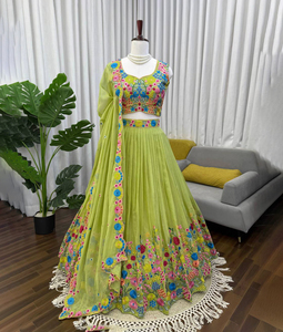 Designer Traditional <b>Green</b> Threadwork Organza <b>Silk</b> Slim Fit Lehenga Choli Festive Ready Stitched Latest Bridal Wedding Party All - Product Image 2