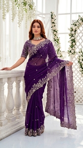 AARA Fashion <b>Purple</b> Silk <b>Saree</b> Gold Embroidery Sun Protection for Wedding Women Elegant Floor Length Regular Fit India Pakistan - Product Image 3
