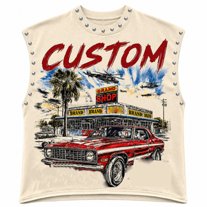 Débardeur en coton personnalisé, grammage lourd, effet délavé vintage, avec imprimé graphique Muscle Car à clous, épaules tombantes, sans manches, style streetwear, vierge - Product Image 1
