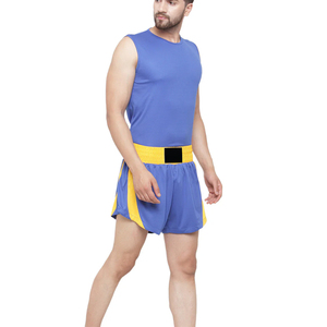 Ensemble gilet et short de boxe bleus sans manches avec bordure jaune, respirant, coupe élastique, pour hommes adultes, équipement de sport de protection - Product Image 4