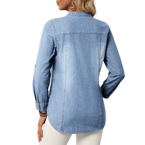 Blusa de Mezclilla para Mujer, Lavado Claro, Cuello Camisero, Manga Larga, Botones, Estilo Casual Vintage, 100% Algodón, Corte Regular, 340g, Uso Diario - Product Image 2