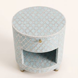 Table de chevet ronde bleu clair en nacre faite à la main avec 1 tiroir, incrustation marocaine en treillis, meuble artisanal à un seul tiroir - Product Image 3