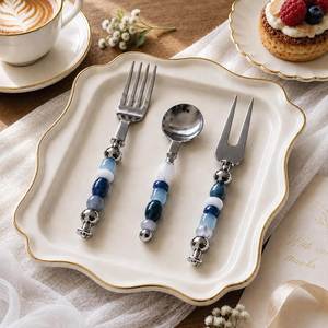 Elegant Salad Servers Set With <b>Blue</b> <b>Beaded</b> Resin Handles Metal Fork Spoon And Tongs For Tableware Decorative Design Server - Product Image 1