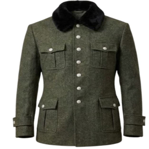 Manteau en laine pour homme avec col en fourrure, boutons sur le devant, poche utilitaire, veste d'extérieur, tunique de style allemand M36 de la Seconde Guerre mondiale, couleur vert olive - Product Image 3