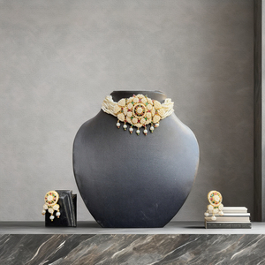 Indian Mores Brass Based <b>Gold</b> Plated <b>Moti</b> Jaal Puwai Handcrafted Flower Red & Green Choker <b>Set</b> for Women Indian Ethnic <b>Jewelry</b> - Product Image 6