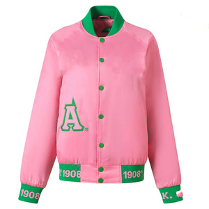 AKA Green Fleece Letterman Jacket Unisex Pink Chenille Embroidery Greek Letter Varsity Style Premium Cotton <b>Zip</b> <b>Up</b> Streetwear - Product Image 6