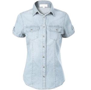 Camisas de mezclilla de manga corta personalizadas OEM al por mayor, estilo vintage, lavado ácido, transpirables - Product Image 1