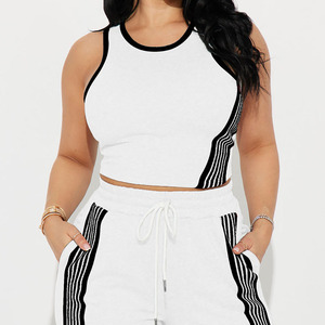 Custom Logo Women's <b>White</b> Solid 2Piece Sporty <b>Set</b> Sleeveless Crop Top Wide Leg Pants With Black Stripes Breathable Worsted <b>Set</b> - Product Image 3