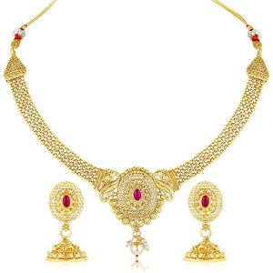 Gold Plated Alloy <b>Necklace</b> and Earring Set with <b>Ruby</b> Stone Classic Women's Wedding Jewelry - Product Image 1