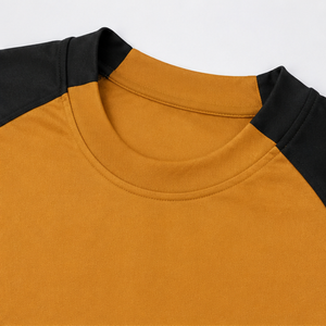 T-shirt à manches raglan pour homme, orange et noir, à blocs de couleur, séchage rapide, coupe classique, décontracté, col rond, tricoté, logo satiné sur le devant avec motif - Product Image 3