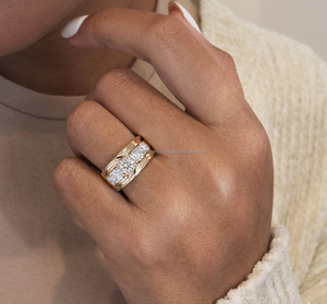 แหวนแต่งงาน/หมั้นเพชรทรงวินเทจ IGI/ เพชรเพาะเลี้ยงในห้องปฏิบัติการ ตัวเรือนเงินแท้ทำมือ 14k สีเหลือง  สำหรับทั้งชายและหญิง  ทองคำขาวคุณภาพสูง - Product Image 1