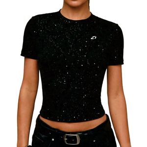Trendy Women's Shirts Slim Fit Cropped T Shirts Rhinestone Print Cotton Stretch Tee Custom Branding OEM Wholesale Manufacturer - Product Image 4