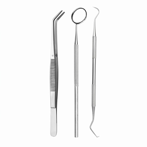 Juego de 3 piezas para examen dental: espejo dental, raspador tipo sierra y pinzas dentales. Instrumento manual con certificación CE Clase I. - Product Image 1
